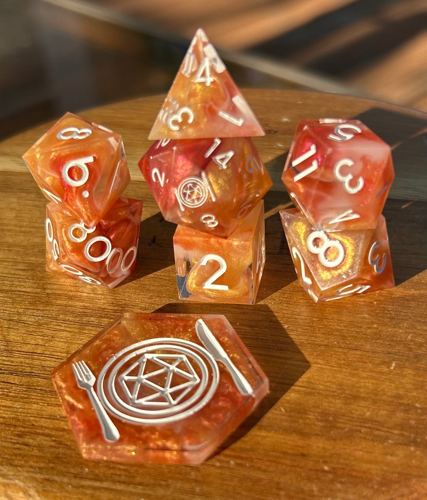 Sir Pithwick’s Perfectly Peachy Concoction 8-Piece Polyhedral Dice Set