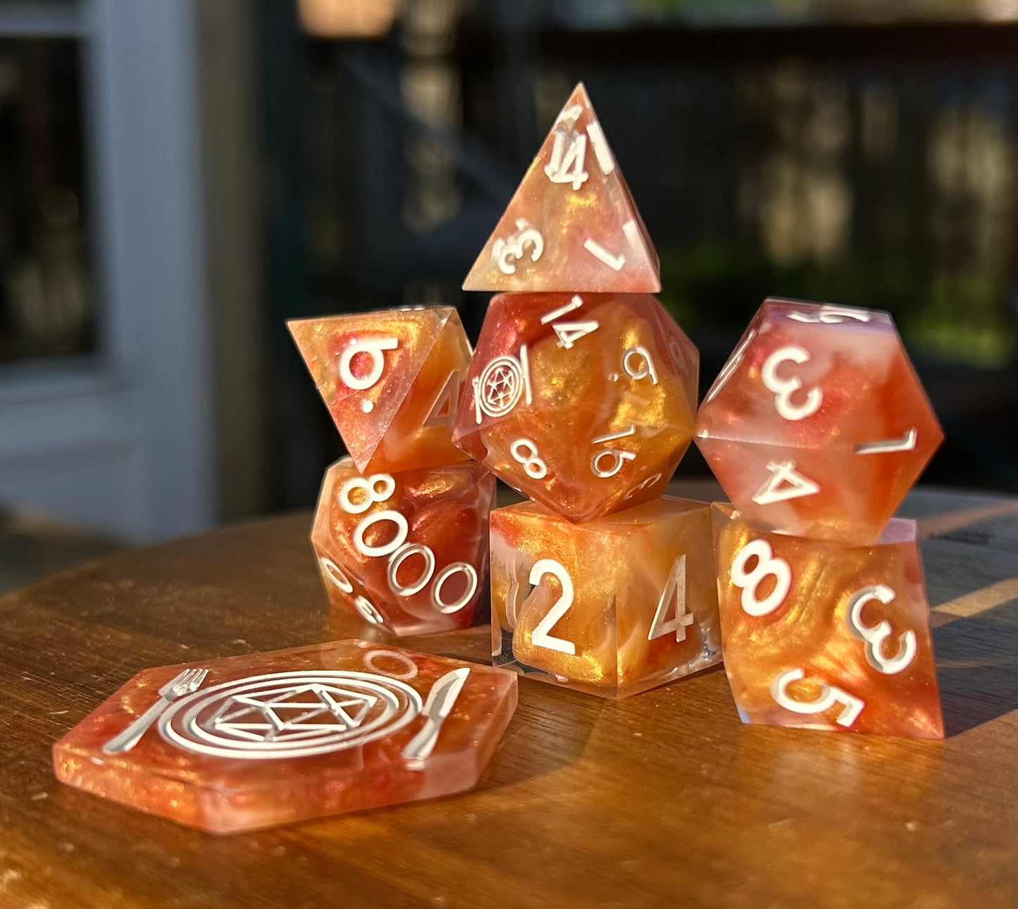 Sir Pithwick’s Perfectly Peachy Concoction 8-Piece Polyhedral Dice Set